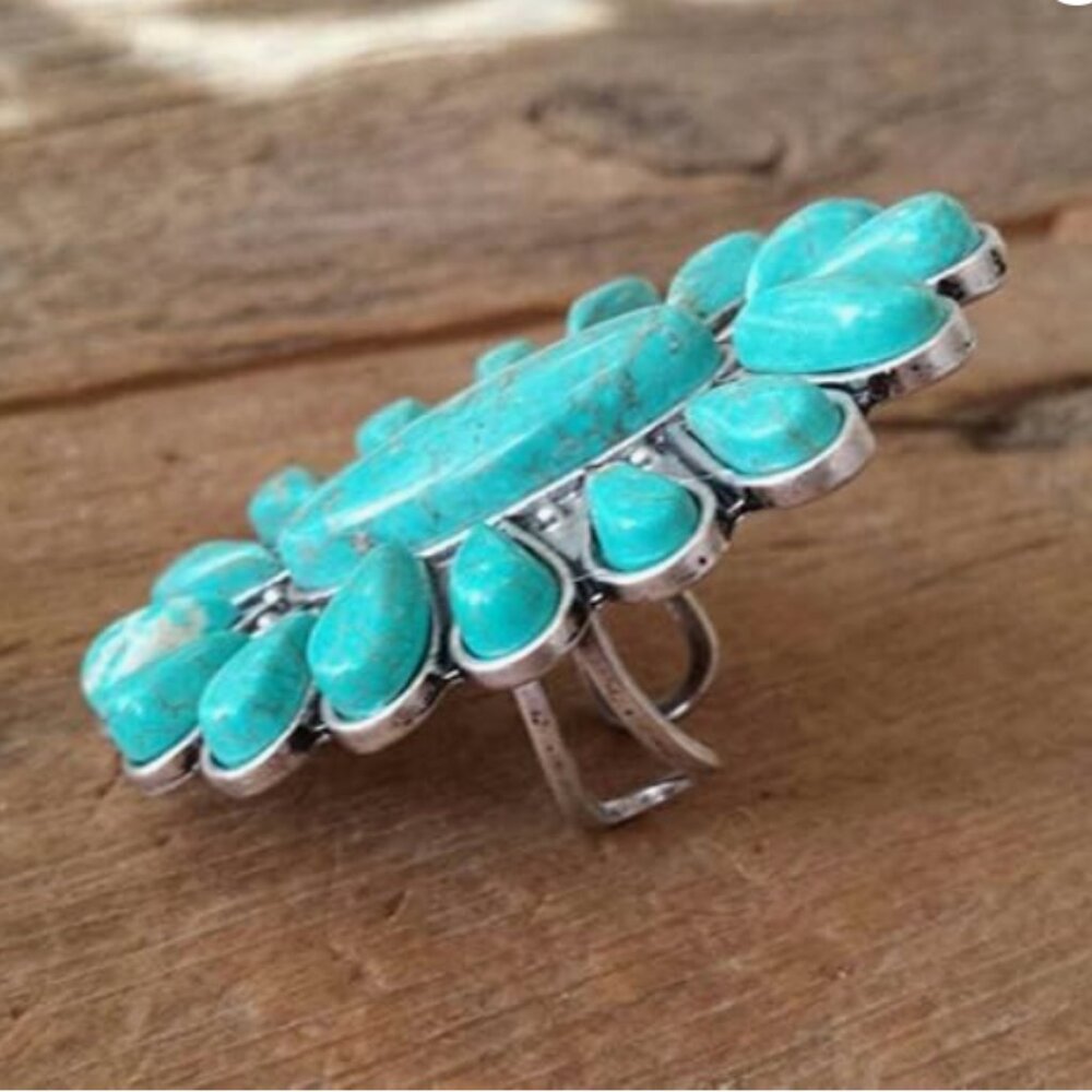 Flower Turquoise Statement Resizable Ring - image 4